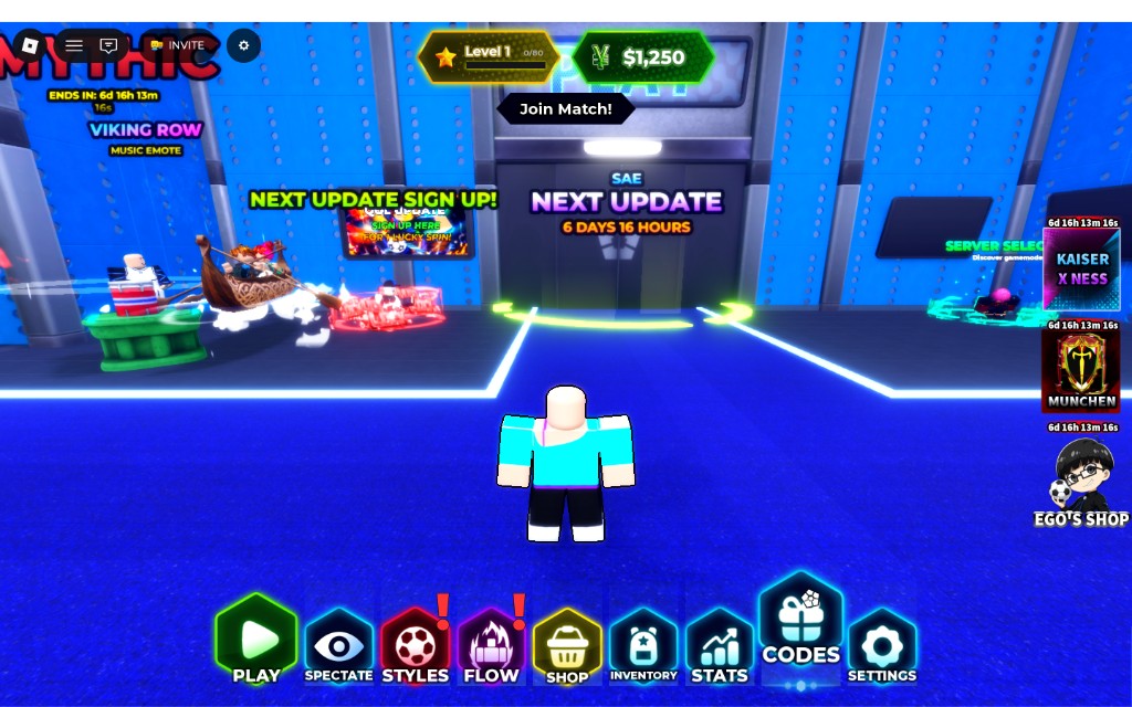 Blue Lock: Rivals lobby — tap the glowing Codes gift-box button at the bottom of the screen