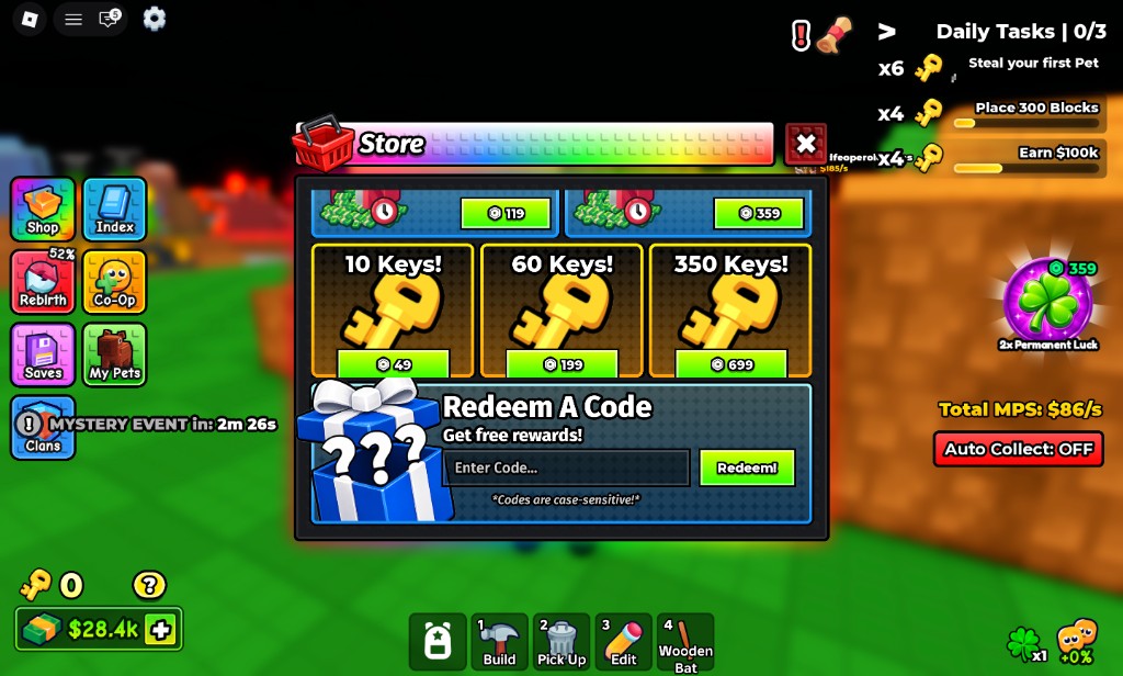 Build a Base and Steal Store — Redeem A Code field and green Redeem! button at the bottom of the shop