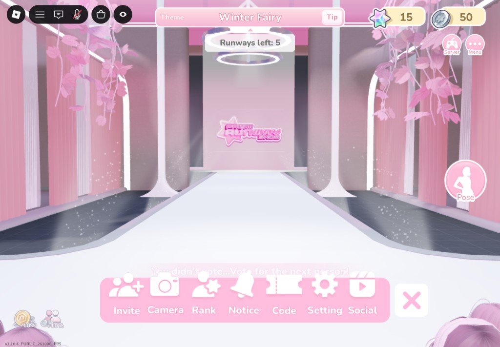 Prism Runway Show — pink menu bar at the bottom; tap Code (the ticket icon)
