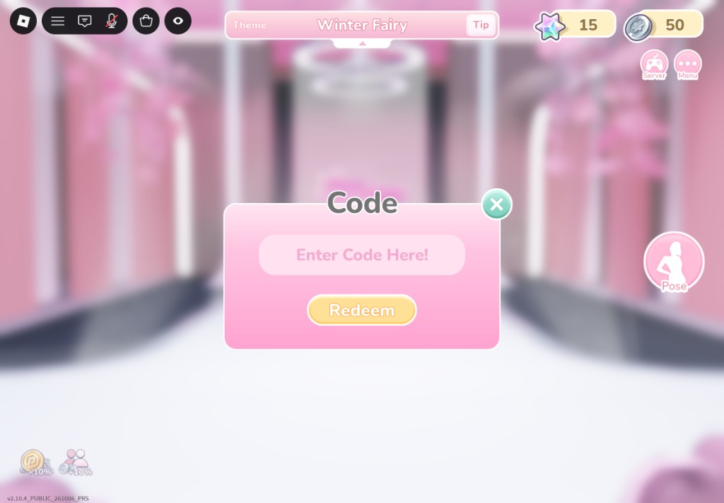 Prism Runway Show Code window — enter a code in Enter Code Here! and tap Redeem